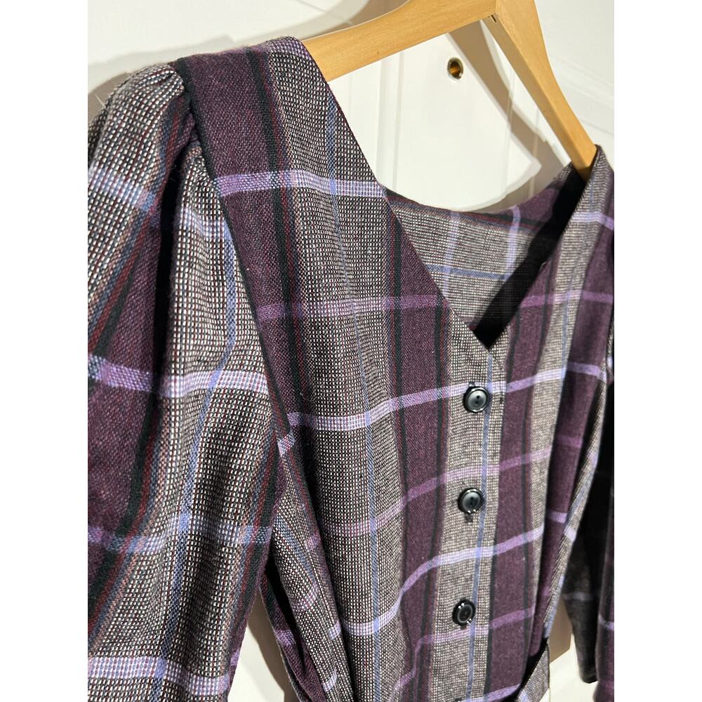 Vintage 80s Dark Academia Purple Plaid Wool Statement Collar Midi Dress M